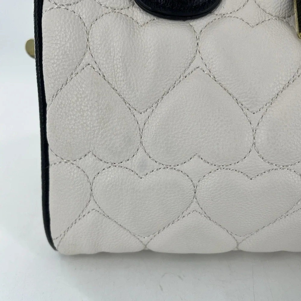 Betsey Johnson Quilted Heart Barrel Satchel Bag Ivory Black Purse Gold Floral
